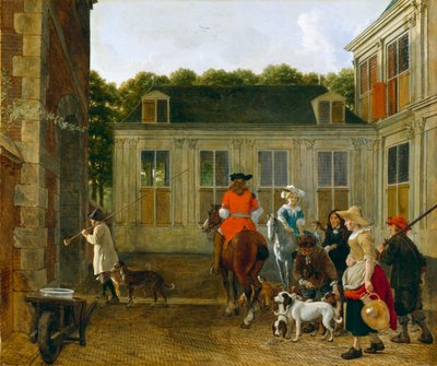 Jachtpartij op de binnenplaats van een landhuis, ca. 1665 door Ludolf de Jongh